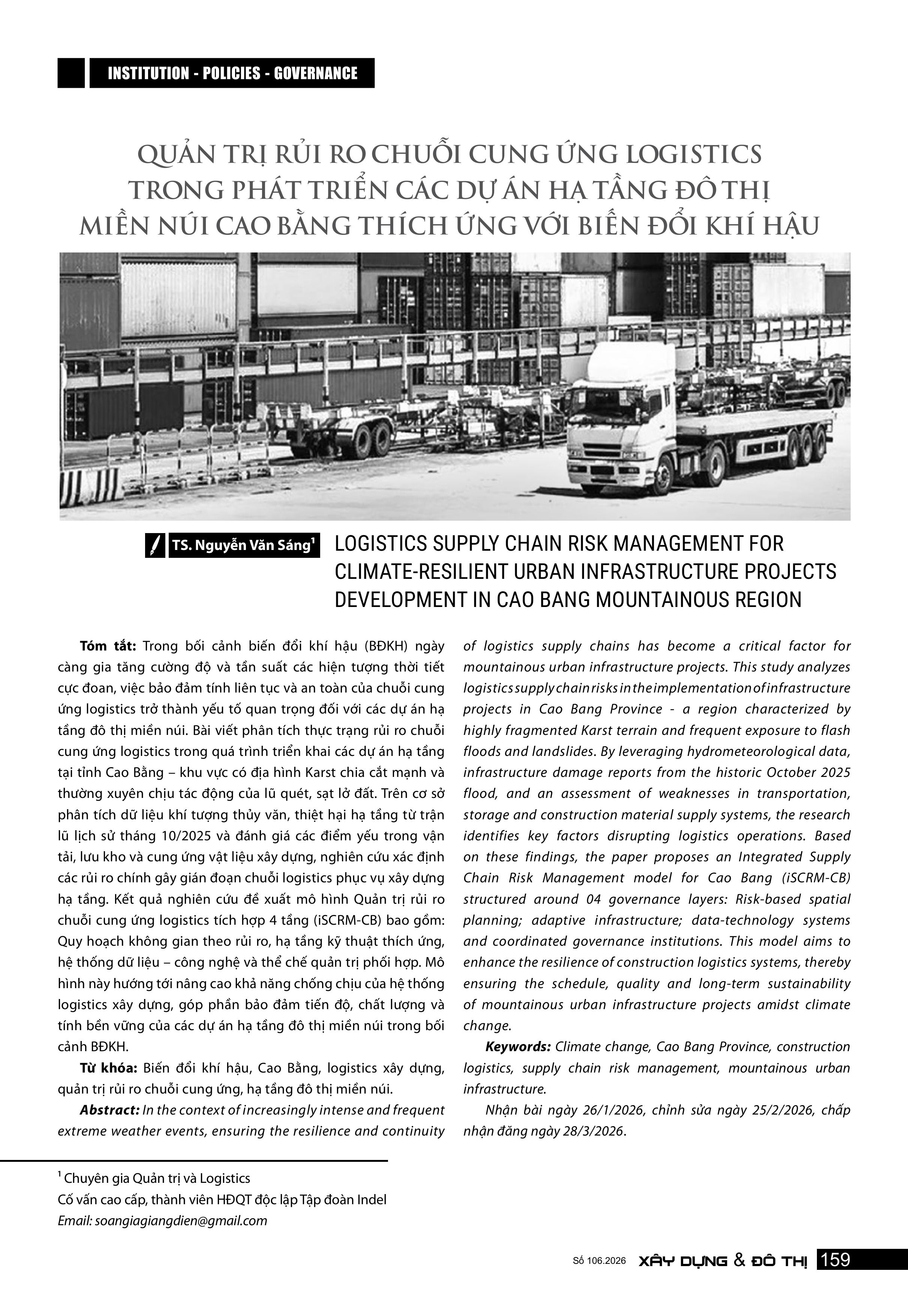 Quản trị rủi ro chuỗi ứng ứng logistics trong phát triển các dự án hạ tầng đô thị miền núi Cao Bằng thích ứng với biến đổi khí hậu