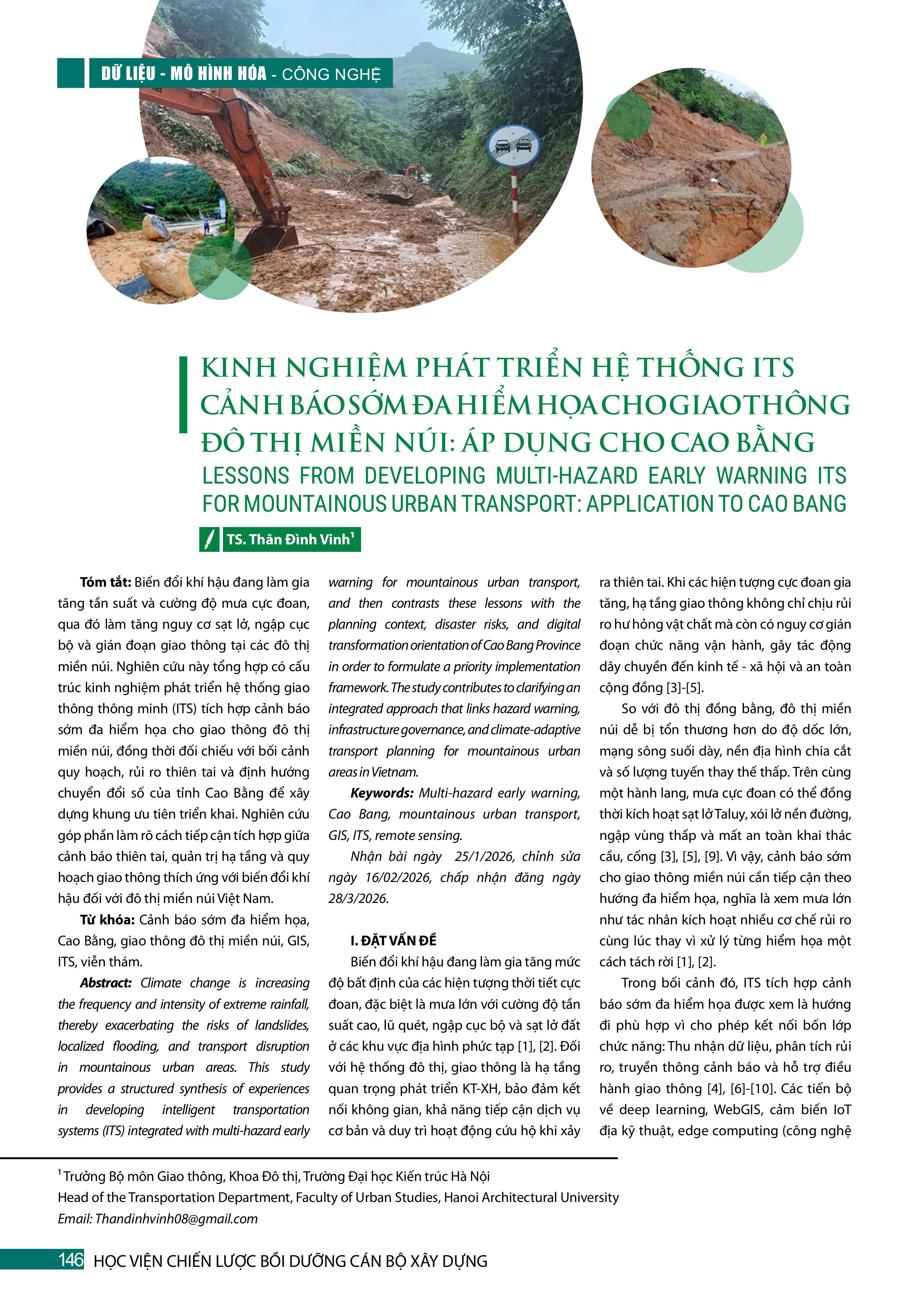 Kinh nghiệm phát triển hệ thống ITS cảnh báo sớm đa hiểm họa cho giao thông đô thị miền núi: Áp dụng cho Cao Bằng