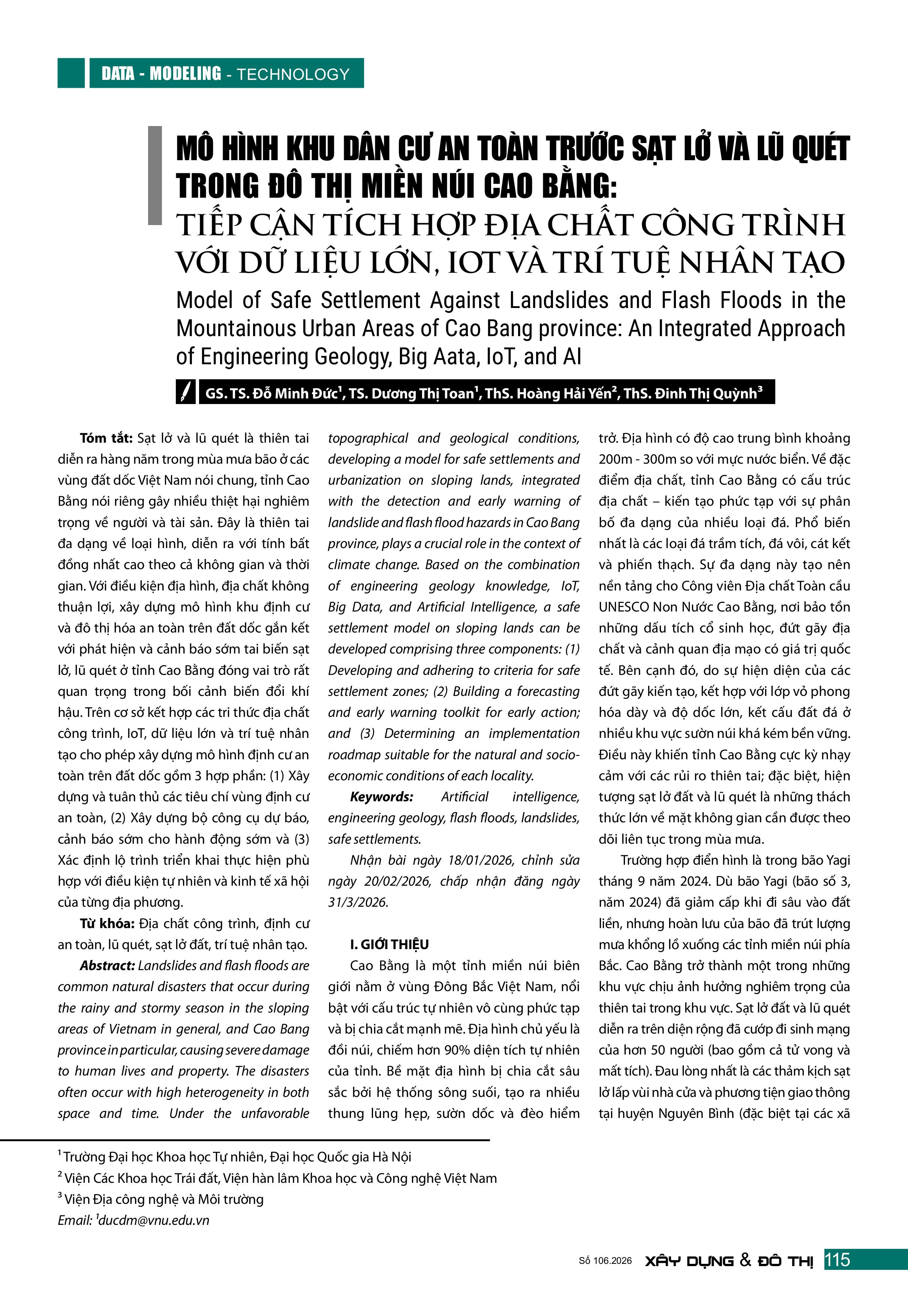 Mô hình khu dân cư an toàn trước sạt lở và lũ quét trong đô thị miền núi Cao Bằng: Tiếp cận tích hợp địa chất công trình với dữ liệu lớn, IoT và trí tuệ nhân tạo