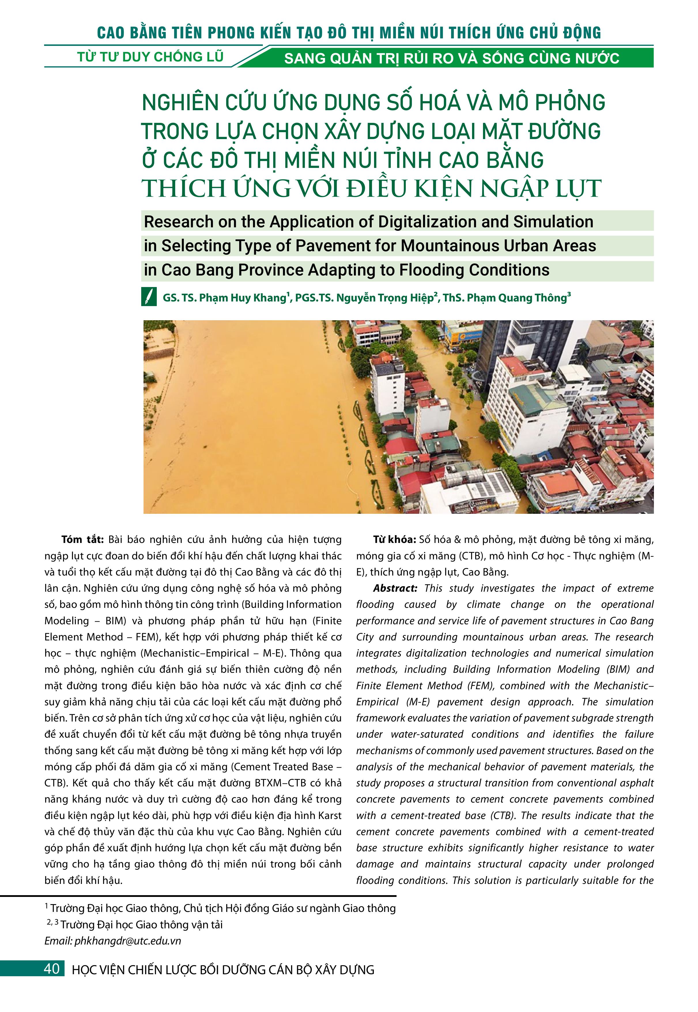 Nghiên cứu ứng dụng số hoá và mô phỏng trong lựa chọn xây dựng loại mặt đường ở các đô thị miền núi tỉnh Cao Bằng thích ứng với điều kiện ngập lụt